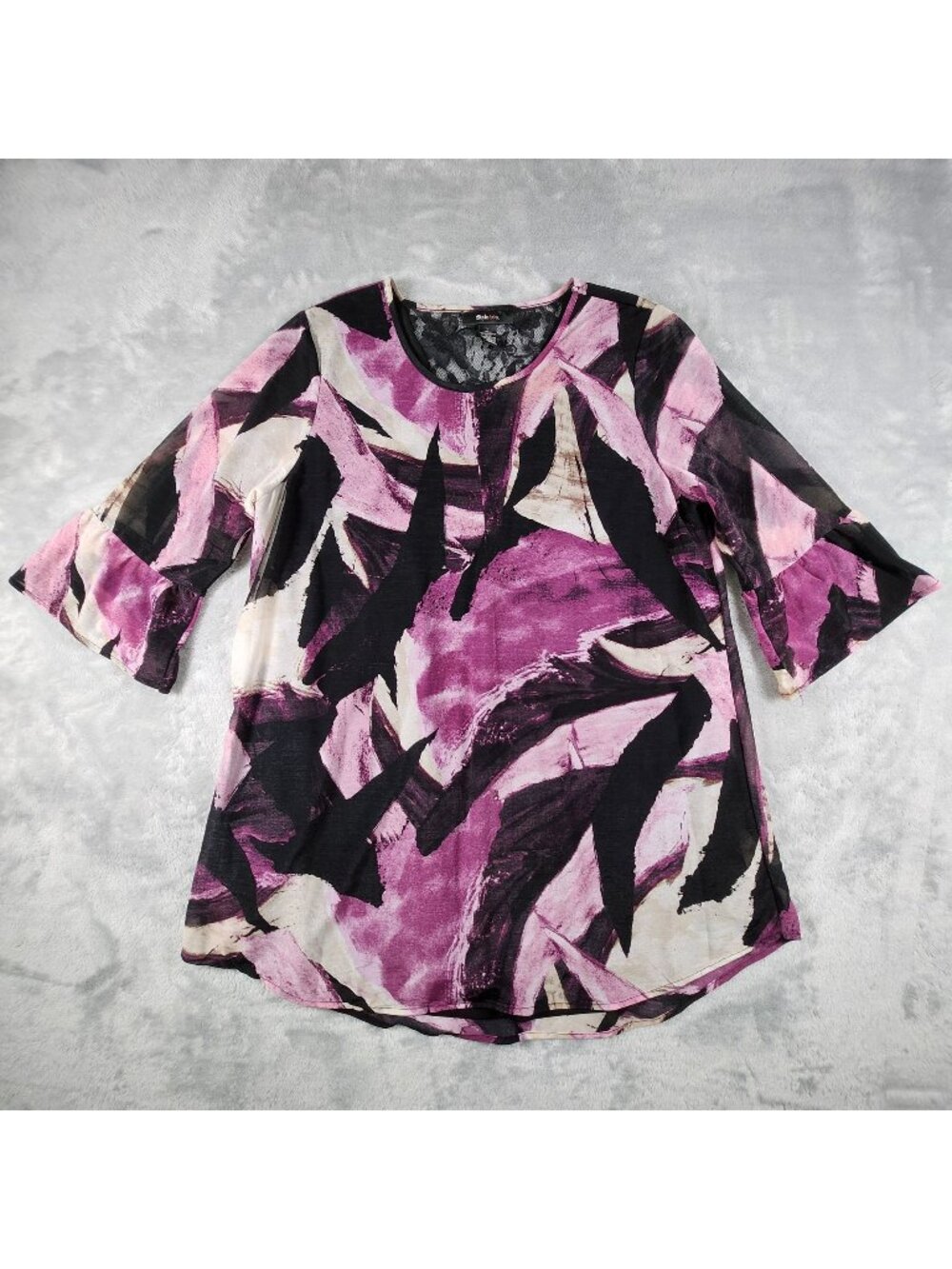 Style & Co Tunic Top Large Purple 3/4 Bell Sleeve Stretch Office Modest Chic AOP